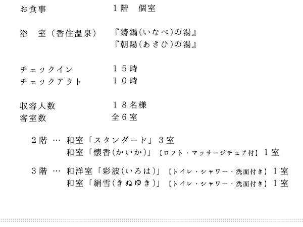 館内施設のご案内 お食事 和室 浴室 香住温泉 鋳鍋の湯 朝陽の湯 チェックイン15時 チェックアウト10時 収容人数18名 客室全6室 和室 和洋室 ロフト マッサージチェア